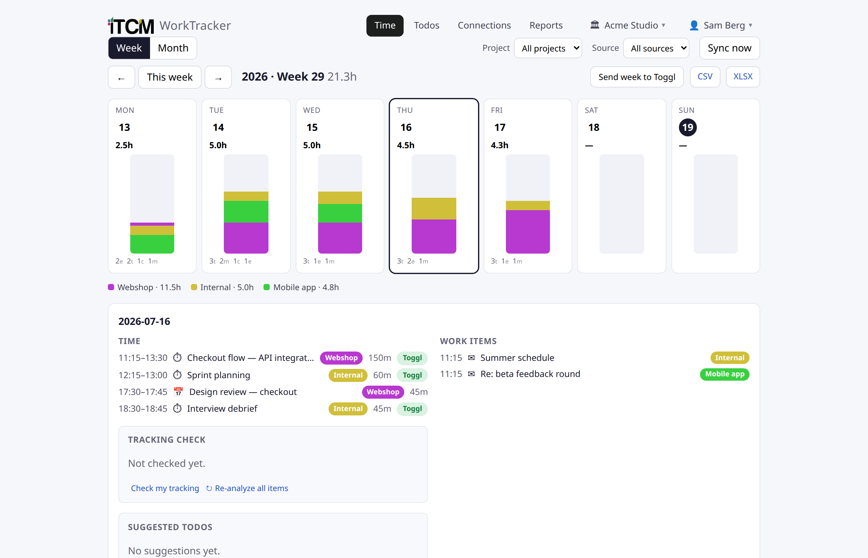 The WorkTracker Time view: a week of days with one day expanded into its work items and tracked time
