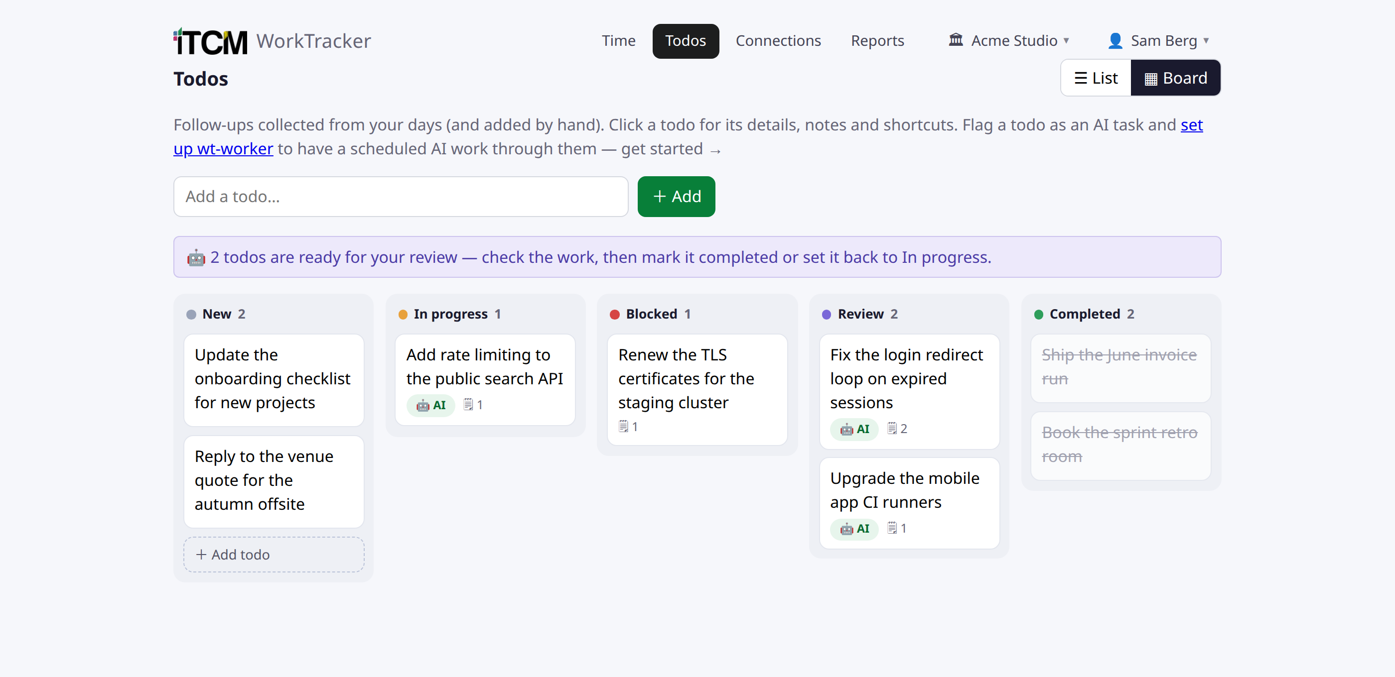 The WorkTracker todo kanban board with New, In progress, Blocked, Review and Completed columns